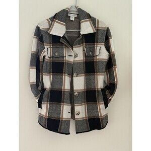 Cupcakes and Cashmere Womens M Plaid Jacket Shacket Black Brown preppy classic